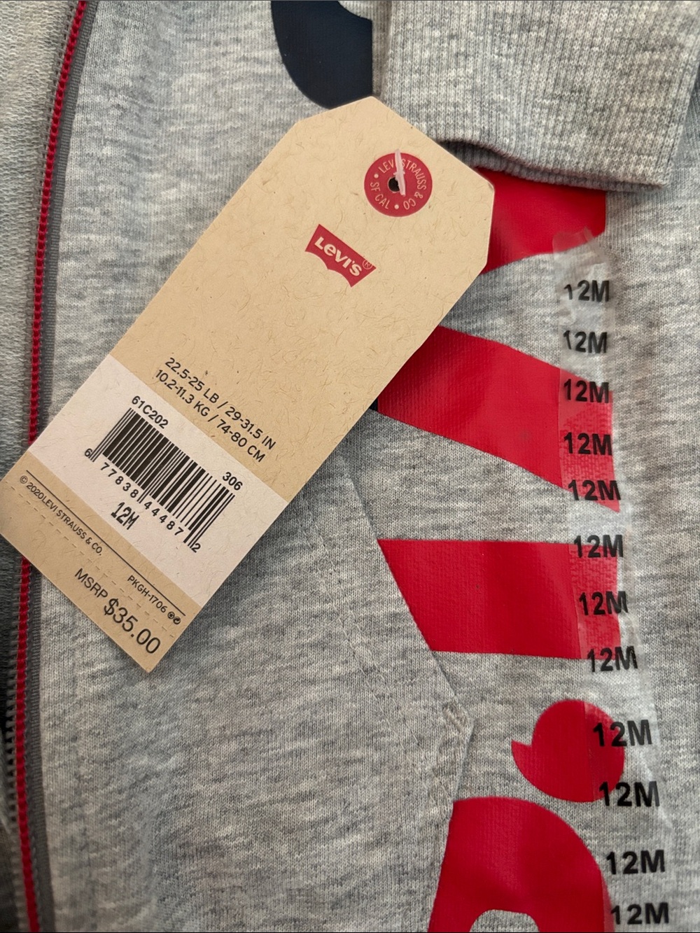 Levi's Grey Hooded Baby Romper with Red and Navy Logo - Picture 3 of 3